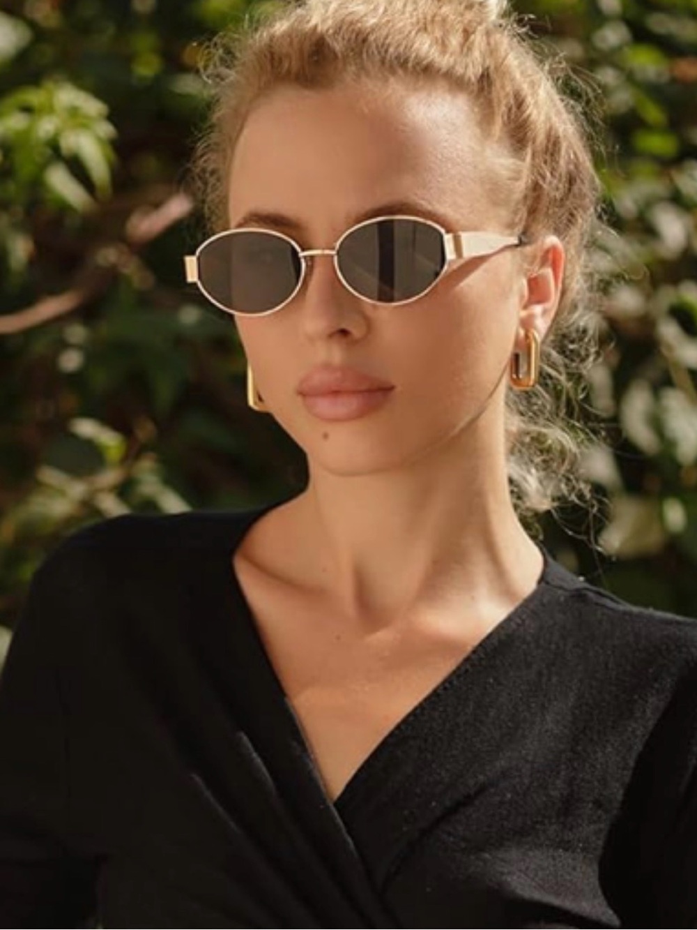 Oval Gold Frame Sunglasses with Black Lenses - Women's Fashion